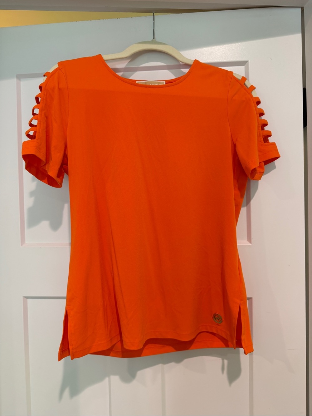 MICHAEL KORS Women's Orange Short Sleeve Top with Ladder Sleeve Detail-Size S